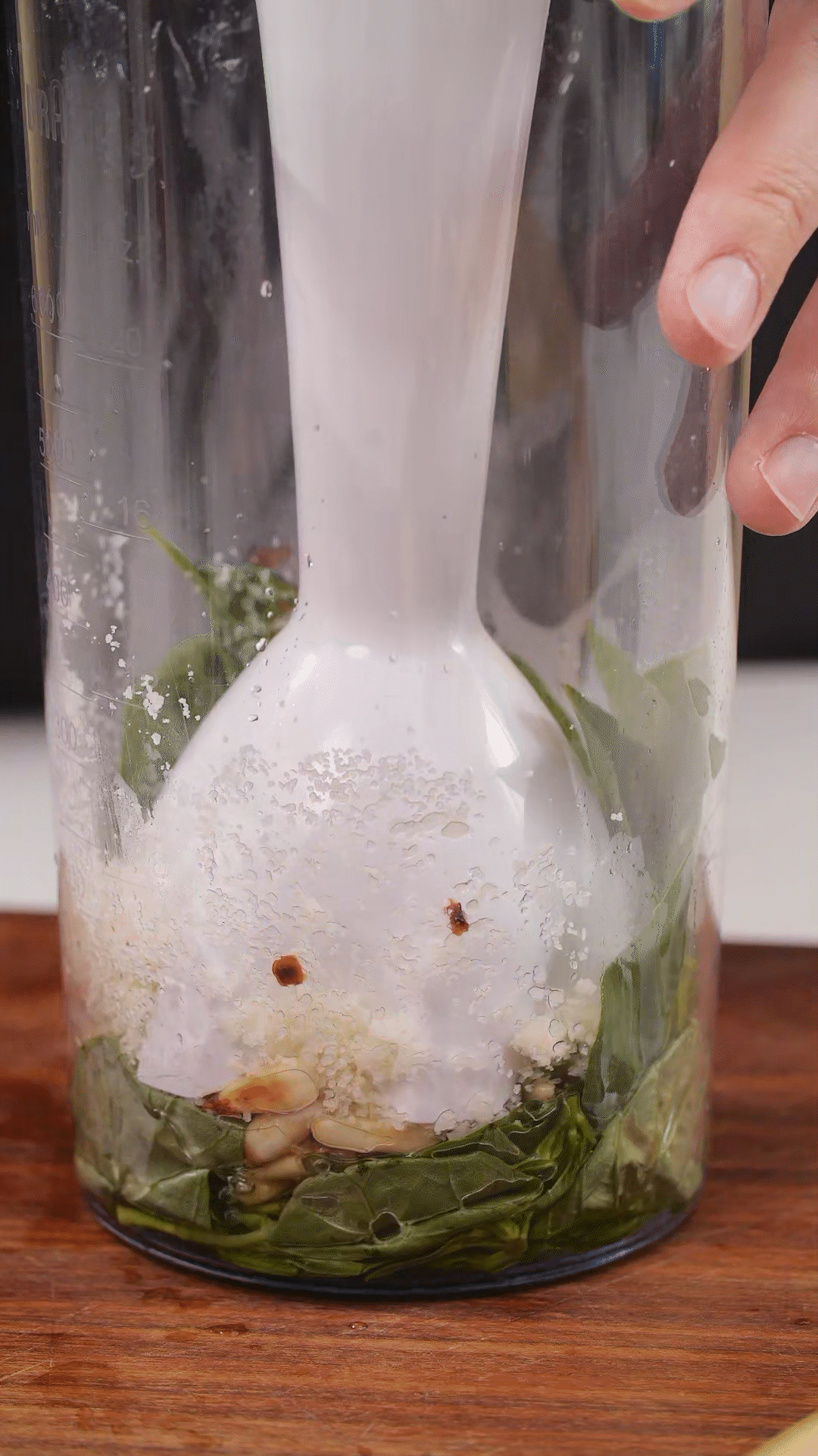 青醬制作：將羅勒去梗，只保留葉片，放入料理機
